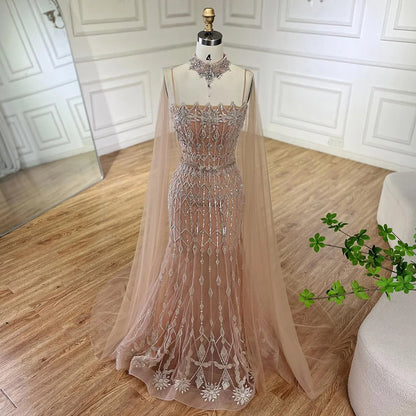 Luxury Nude Beaded Mermaid Evening Dress with Cape LA72711 - SERENE HILL
