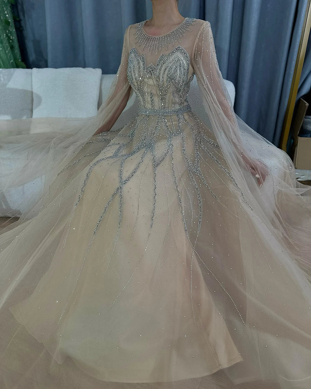 Luxury Dubai Nude Blue Elegant A-Line Beaded Long Arabic Evening Dresses Gowns with Cape Sleeves for Formal Occasion LA72785 - SERENE HILL