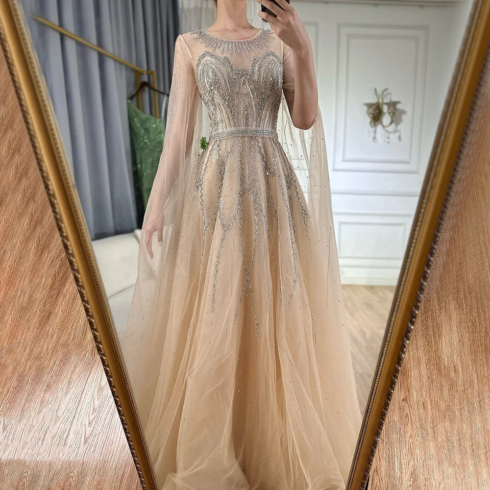 Luxury Dubai Nude Blue Elegant A-Line Beaded Long Arabic Evening Dresses Gowns with Cape Sleeves for Formal Occasion LA72785 - SERENE HILL