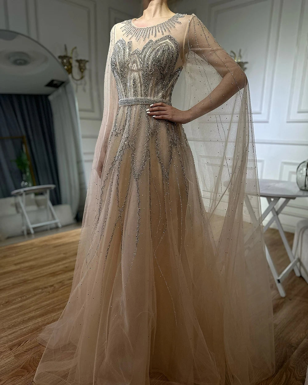 Luxury Dubai Nude Blue Elegant A-Line Beaded Long Arabic Evening Dresses Gowns with Cape Sleeves for Formal Occasion LA72785 - SERENE HILL
