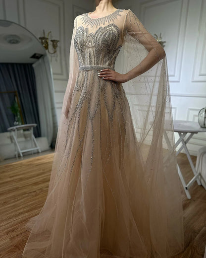 Luxury Dubai Nude Blue Elegant A-Line Beaded Long Arabic Evening Dresses Gowns with Cape Sleeves for Formal Occasion LA72785 - SERENE HILL