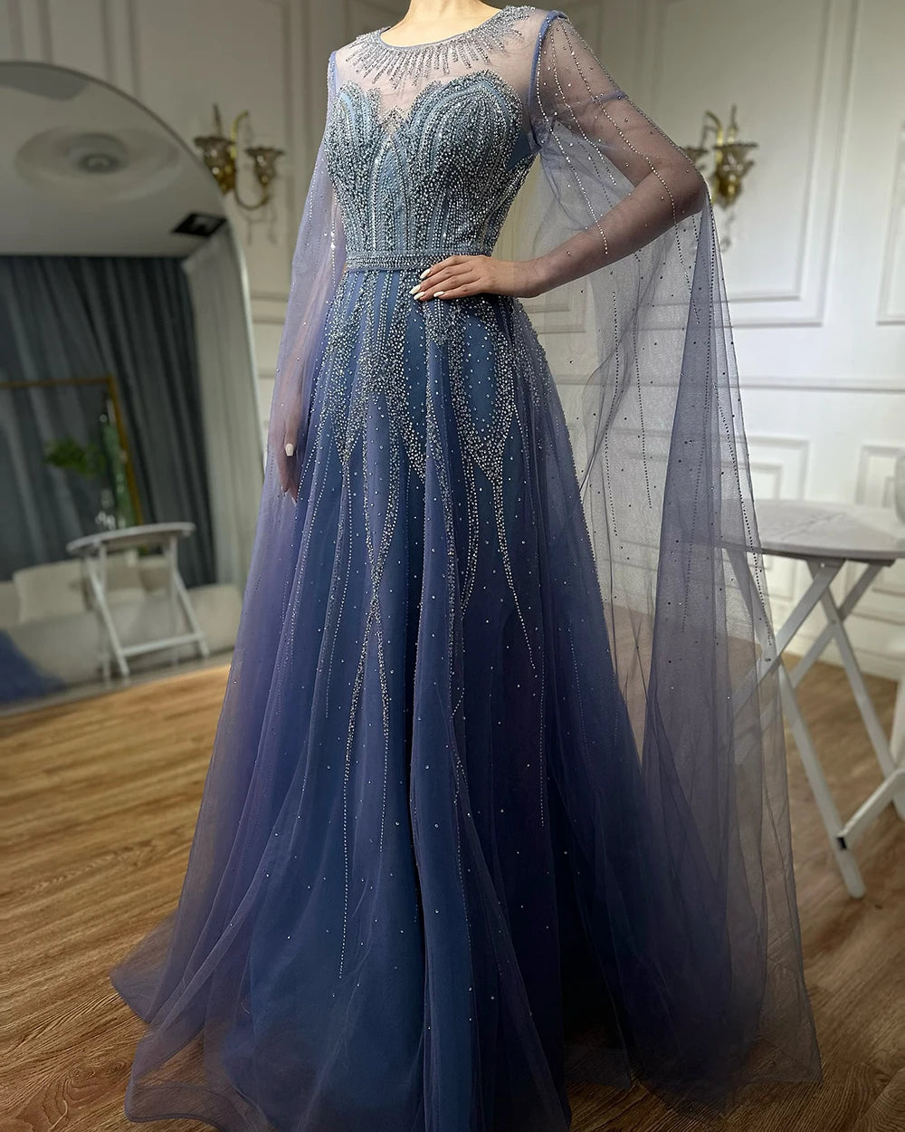 Luxury Dubai Nude Blue Elegant A-Line Beaded Long Arabic Evening Dresses Gowns with Cape Sleeves for Formal Occasion LA72785 - SERENE HILL