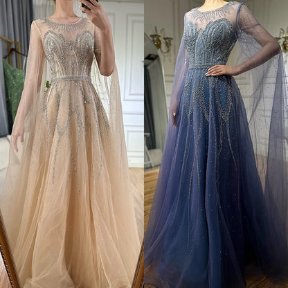 Luxury Dubai Nude Blue Elegant A-Line Beaded Long Arabic Evening Dresses Gowns with Cape Sleeves for Formal Occasion LA72785 - SERENE HILL