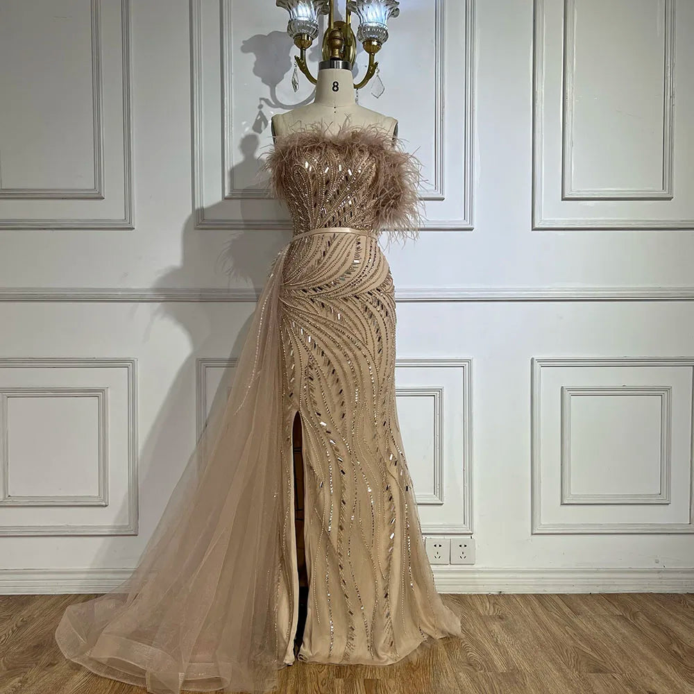 Luxury Nude Mermaid Evening Dress Overskirt Feather Beaded Split LA72311 Nude / 12