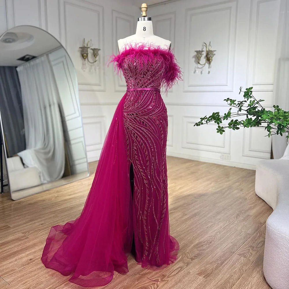 Luxury Nude Mermaid Evening Dress Overskirt Feather Beaded Split LA72311 - SERENE HILL