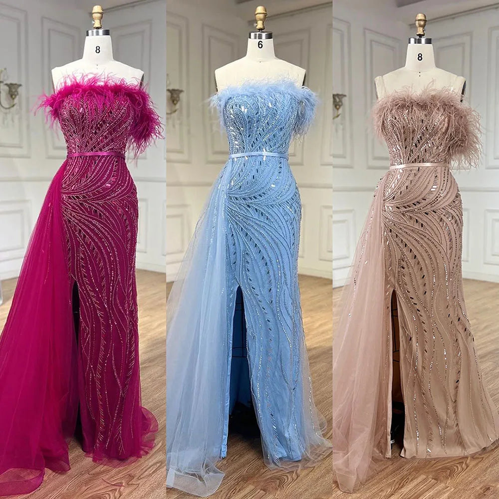 Luxury Nude Mermaid Evening Dress Overskirt Feather Beaded Split LA72311 - SERENE HILL