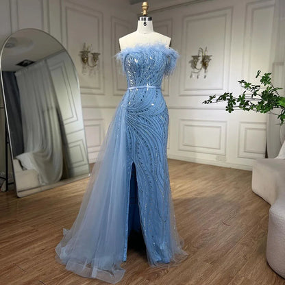 Luxury Nude Mermaid Evening Dress Overskirt Feather Beaded Split LA72311 - SERENE HILL