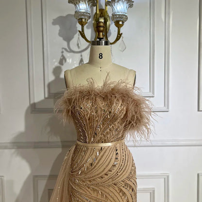 Luxury Nude Mermaid Evening Dress Overskirt Feather Beaded Split LA72311 - SERENE HILL