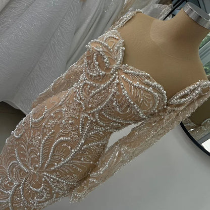 Luxury Dubai Nude Mermaid Luxury Pearls Beaded Arabic Evening Gowns for Formal Occasion Dress LA72648 - SERENE HILL