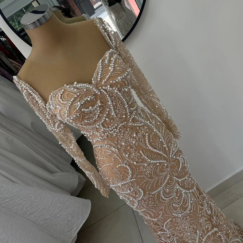 Luxury Dubai Nude Mermaid Luxury Pearls Beaded Arabic Evening Gowns for Formal Occasion Dress LA72648 - SERENE HILL