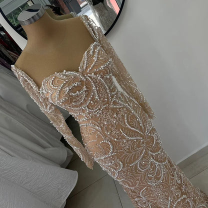 Luxury Dubai Nude Mermaid Luxury Pearls Beaded Arabic Evening Gowns for Formal Occasion Dress LA72648 - SERENE HILL