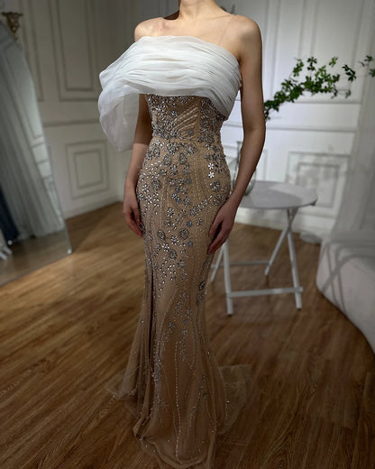 Luxury Dubai Nude One Shoulder Split Saudi Arabic Evening Gown Beaded Dress for Formal Occasion LA72746 - SERENE HILL