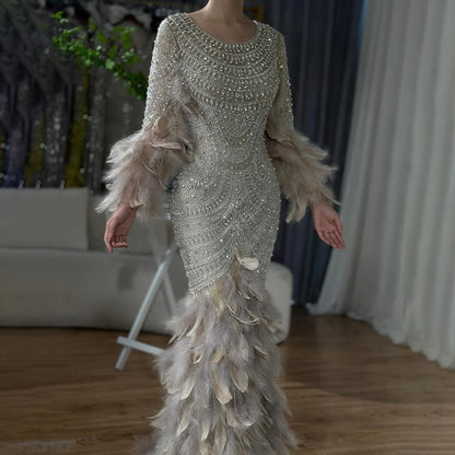 Luxury Dubai Nude Saudi Arabic Evening Gown with Beaded Feathers Dress for Formal Occasion LA72736 - SERENE HILL