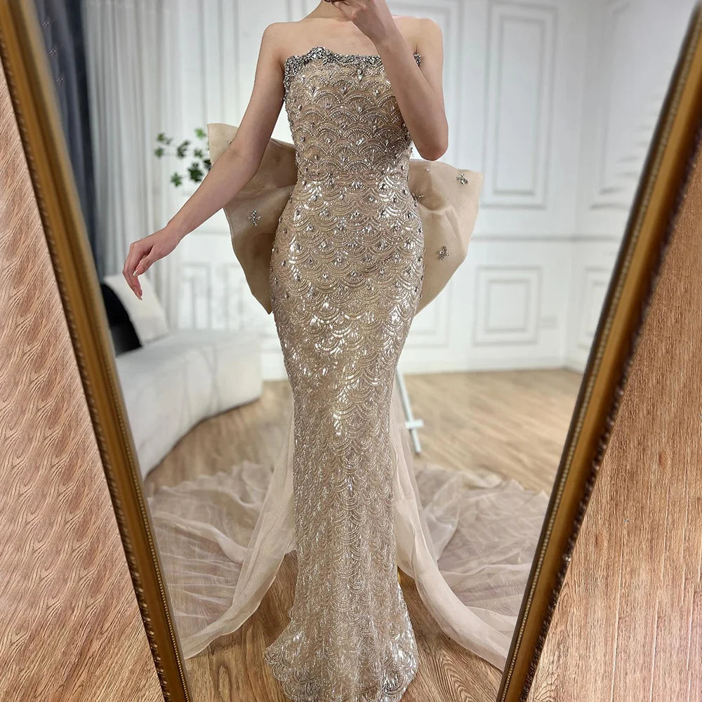 Luxury Dubai Nude Saudi Arabic Evening Gown with Beaded Tassel Dress for Formal Occasion LA72730 - SERENE HILL