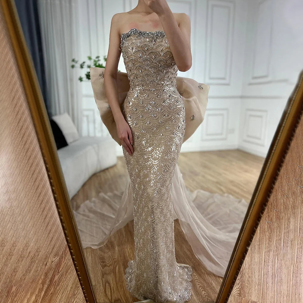 Luxury Dubai Nude Saudi Arabic Evening Gown with Beaded Tassel Dress for Formal Occasion LA72730 - SERENE HILL
