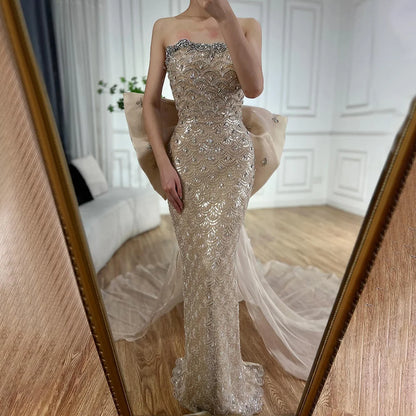 Luxury Dubai Nude Saudi Arabic Evening Gown with Beaded Tassel Dress for Formal Occasion LA72730 - SERENE HILL