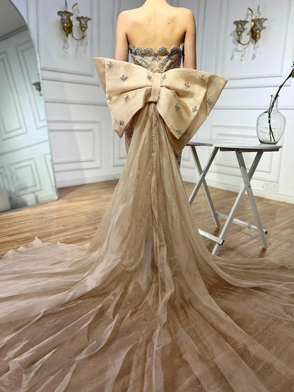 Luxury Dubai Nude Saudi Arabic Evening Gown with Beaded Tassel Dress for Formal Occasion LA72730 - SERENE HILL