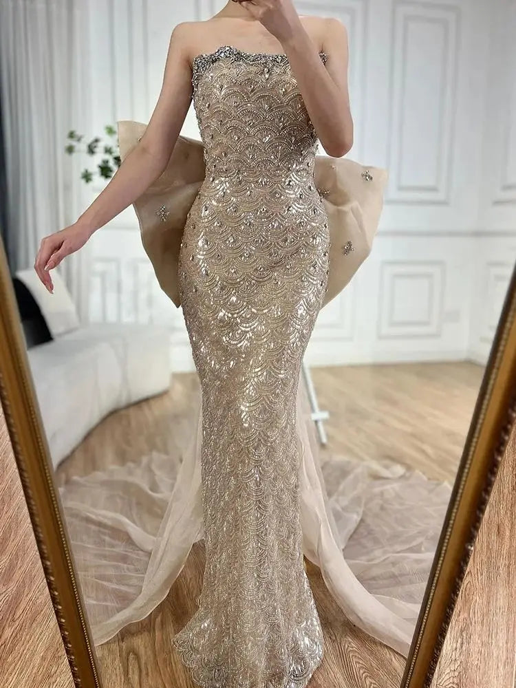 Luxury Dubai Nude Saudi Arabic Evening Gown with Beaded Tassel Dress for Formal Occasion LA72730 - SERENE HILL