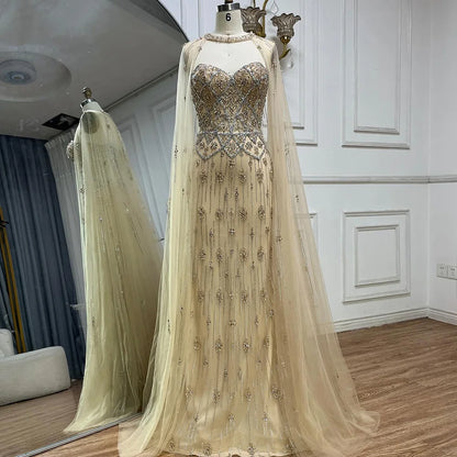 Luxury Dubai Nude Saudi Evening Gown Mermaid Detachable Cape Sleeves Luxury Beaded Dress for Formal Occasion LA72716 - SERENE HILL
