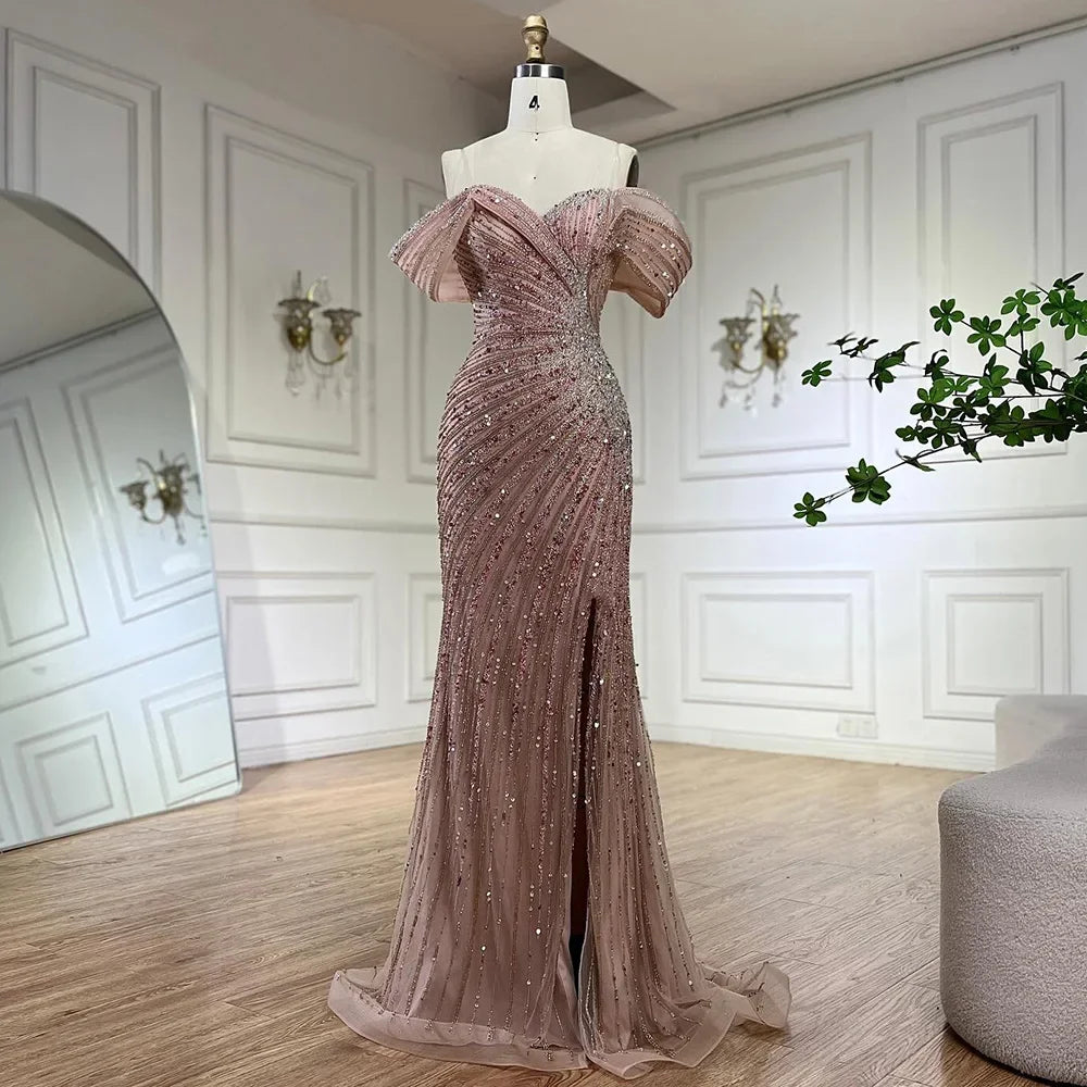 Serene Hill Off The Shoulder Pink Mermaid Beaded Luxury Evening Dress with Side Split for Formal Occasion Saudi LA72481 - SERENE HILL
