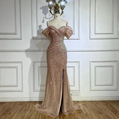 Serene Hill Off The Shoulder Pink Mermaid Beaded Luxury Evening Dress with Side Split for Formal Occasion Saudi LA72481 - SERENE HILL