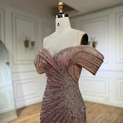 Serene Hill Off The Shoulder Pink Mermaid Beaded Luxury Evening Dress with Side Split for Formal Occasion Saudi LA72481 - SERENE HILL