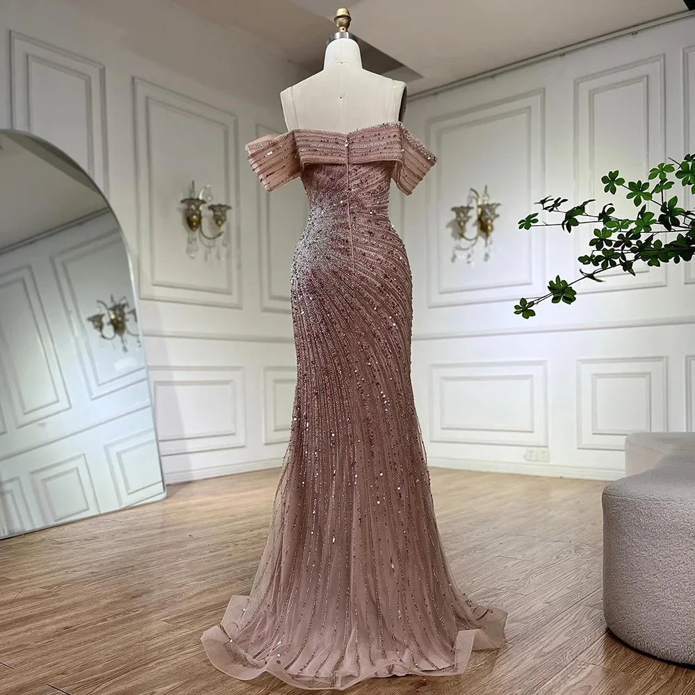 Serene Hill Off The Shoulder Pink Mermaid Beaded Luxury Evening Dress with Side Split for Formal Occasion Saudi LA72481 - SERENE HILL