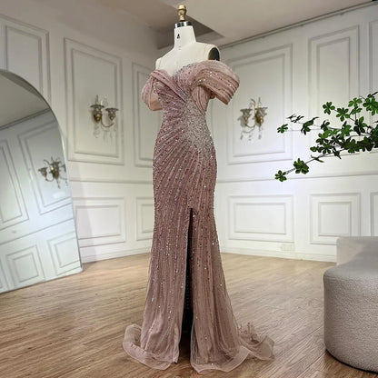 Serene Hill Off The Shoulder Pink Mermaid Beaded Luxury Evening Dress with Side Split for Formal Occasion Saudi LA72481 - SERENE HILL