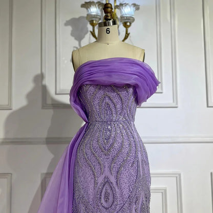 Serene Hill One-Shoulder Purple Mermaid Beaded Evening Dress with Side Skirt Overlay for Formal Occasion Saudi LA72706 - SERENE HILL