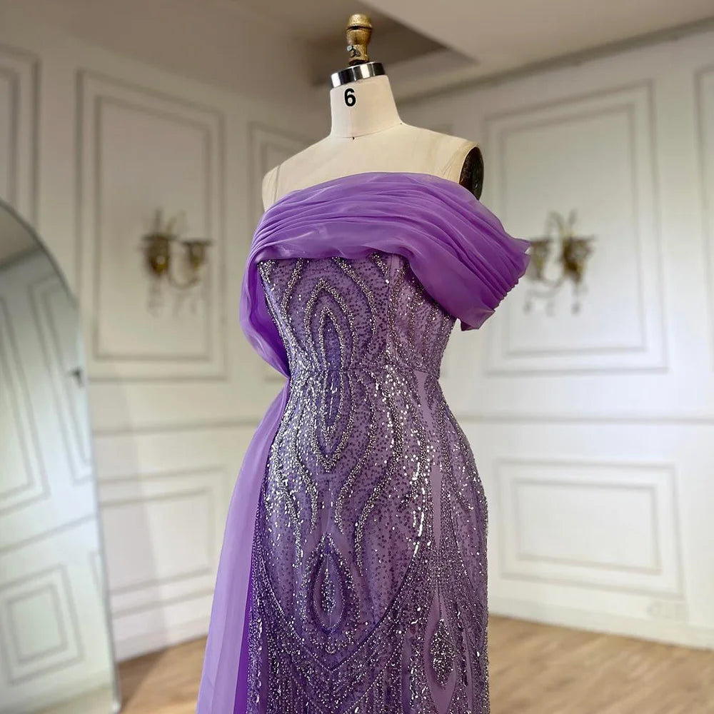 Serene Hill One-Shoulder Purple Mermaid Beaded Evening Dress with Side Skirt Overlay for Formal Occasion Saudi LA72706 - SERENE HILL