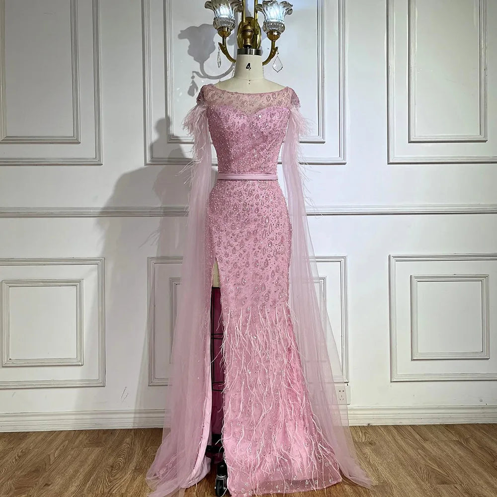 Serene Hill Pink Cape Sleeves Dubai Evening Gown Mermaid with Side Skirt Feathers Beaded Dress for Women&