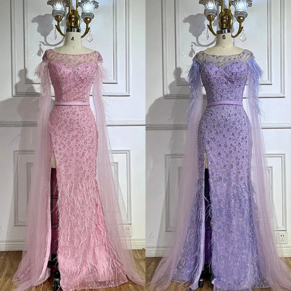 Serene Hill Pink Cape Sleeves Dubai Evening Gown Mermaid with Side Skirt Feathers Beaded Dress for Women&