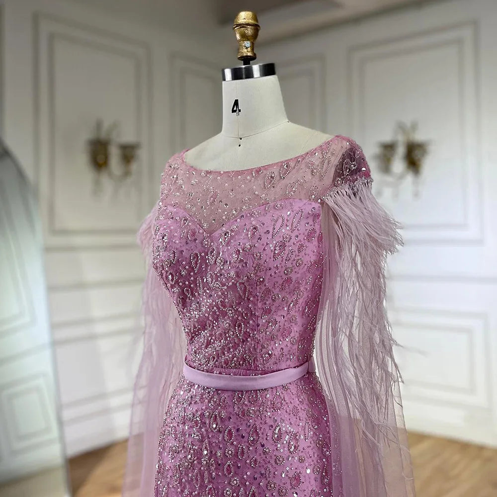 Serene Hill Pink Cape Sleeves Dubai Evening Gown Mermaid with Side Skirt Feathers Beaded Dress for Women&
