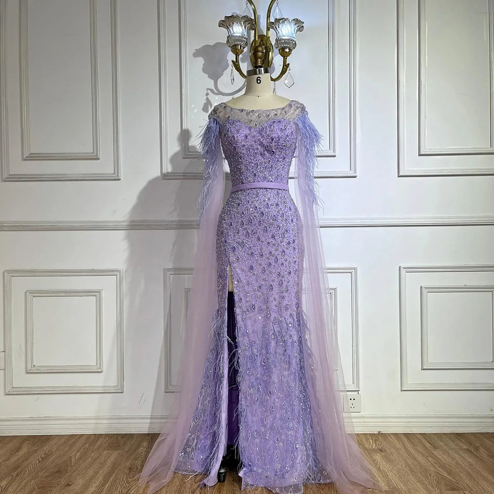 Serene Hill Pink Cape Sleeves Dubai Evening Gown Mermaid with Side Skirt Feathers Beaded Dress for Women&