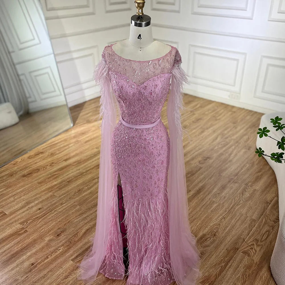 Serene Hill Pink Cape Sleeves Dubai Evening Gown Mermaid with Side Skirt Feathers Beaded Dress for Women&