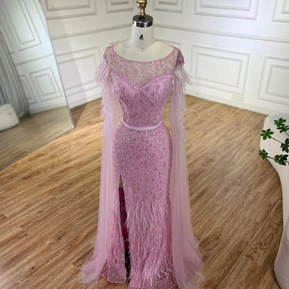 Serene Hill Pink Cape Sleeves Dubai Evening Gown Mermaid with Side Skirt Feathers Beaded Dress for Women&