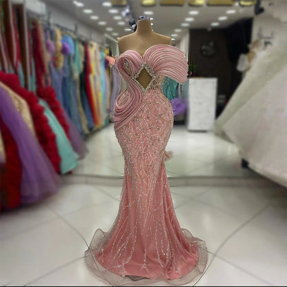 Pink One-Shoulder Luxury Beaded Cut Out Mermaid Evening Dress LA72455 - SERENE HILL