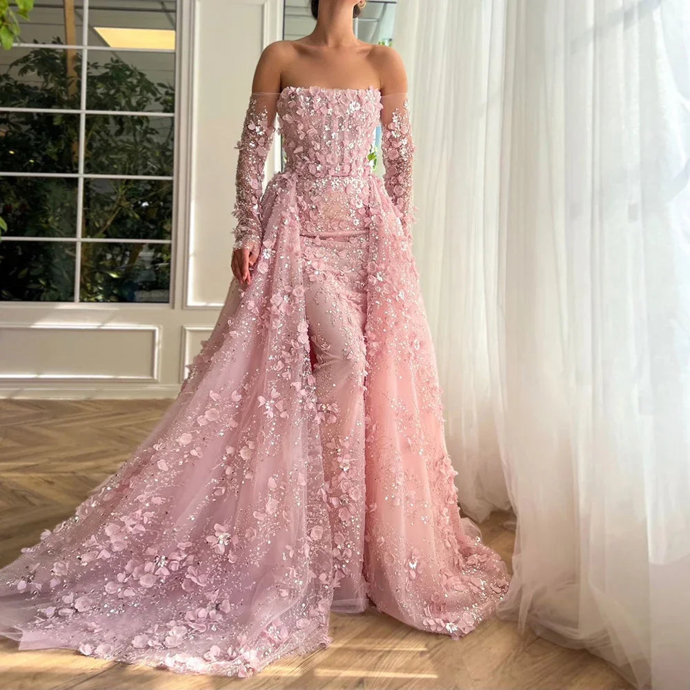 Pink Beaded Mermaid Evening Gown with Overskirt and Appliques LA72641 - SERENE HILL