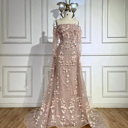 Pink Beaded Mermaid Evening Gown with Overskirt and Appliques LA72641 - SERENE HILL