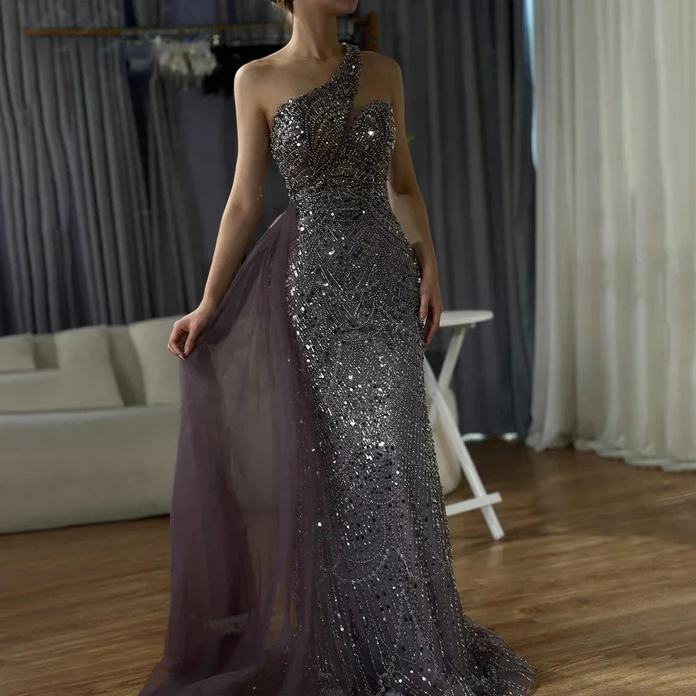 Luxury Dubai Purple One Shoulder Saudi Arabic Evening Gown with Beaded Side Overskirt Dress for Formal Occasion LA72735 - SERENE HILL