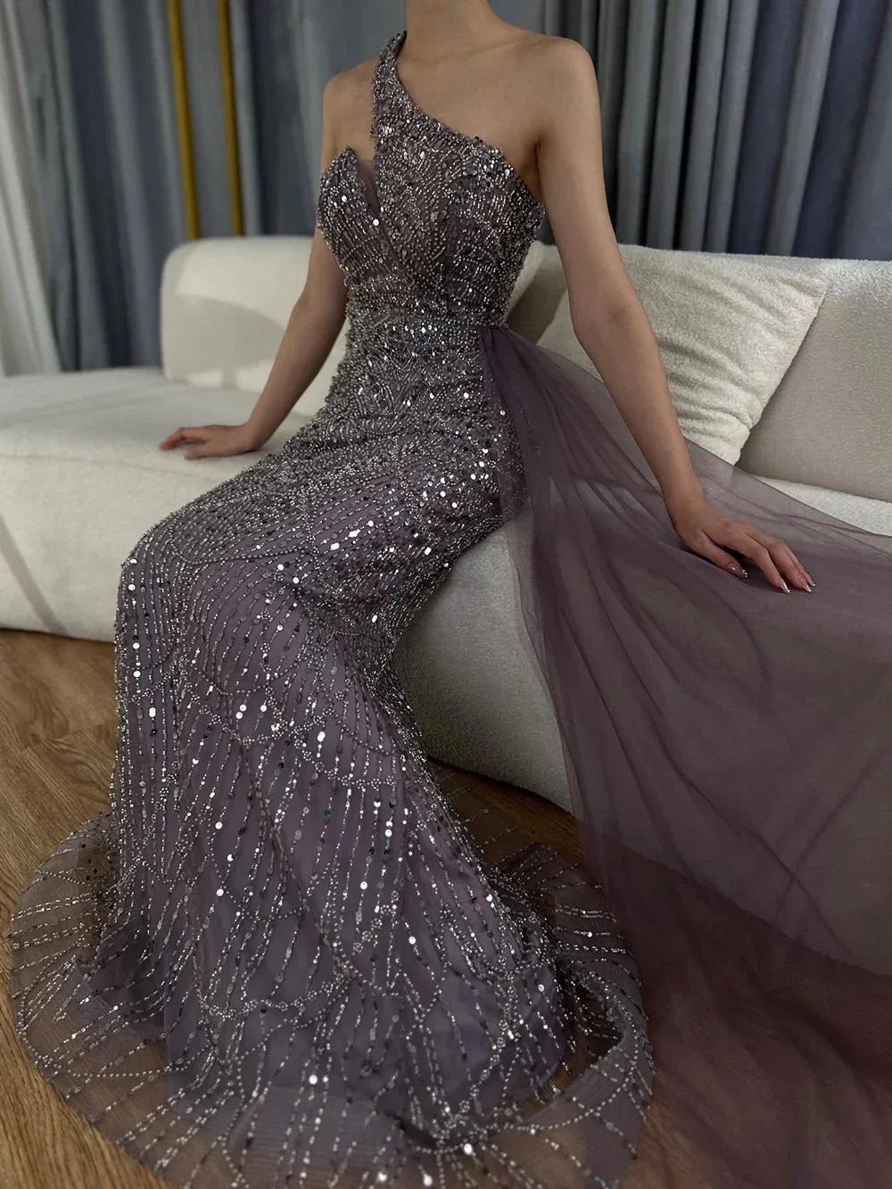 Luxury Dubai Purple One Shoulder Saudi Arabic Evening Gown with Beaded Side Overskirt Dress for Formal Occasion LA72735 - SERENE HILL