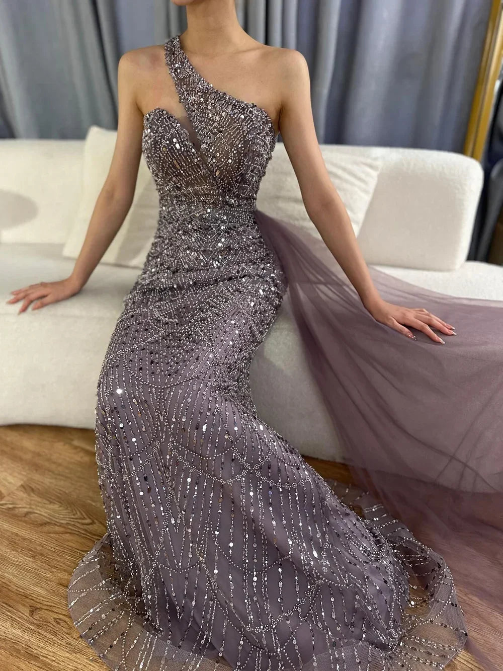 Luxury Dubai Purple One Shoulder Saudi Arabic Evening Gown with Beaded Side Overskirt Dress for Formal Occasion LA72735 - SERENE HILL