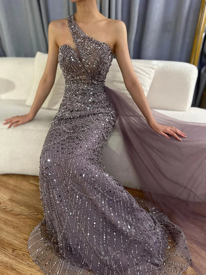 Luxury Dubai Purple One Shoulder Saudi Arabic Evening Gown with Beaded Side Overskirt Dress for Formal Occasion LA72735 - SERENE HILL