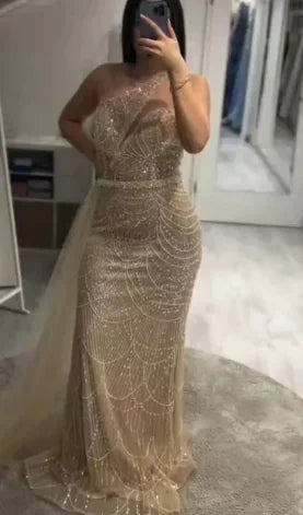Luxury Dubai Purple One Shoulder Saudi Arabic Evening Gown with Beaded Side Overskirt Dress for Formal Occasion LA72735 - SERENE HILL