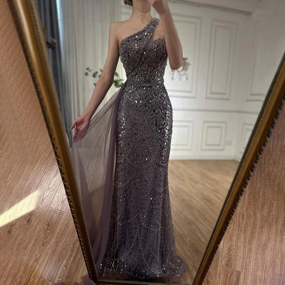 Luxury Dubai Purple One Shoulder Saudi Arabic Evening Gown with Beaded Side Overskirt Dress for Formal Occasion LA72735 - SERENE HILL