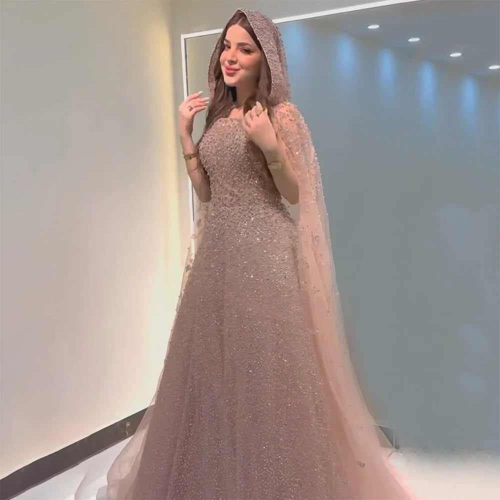 Luxury Dubai Saudi Arabic Turquoise Evening Gown with Beaded Dress and Elegant Hooded Cape for Formal Occasion LA72659A - SERENE HILL