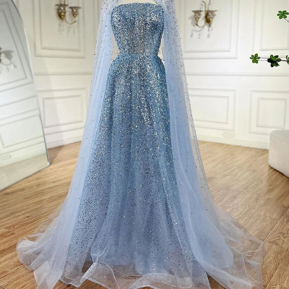 Luxury Dubai Saudi Arabic Turquoise Evening Gown with Beaded Dress and Elegant Hooded Cape for Formal Occasion LA72659A - SERENE HILL