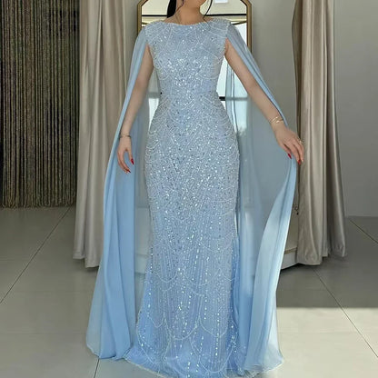 Luxury Dubai Blue Mermaid Cape Sleeve Beaded Evening Gown LA72160A - SERENE HILL