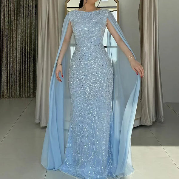 Luxury Dubai Blue Mermaid Cape Sleeve Beaded Evening Gown LA72160A