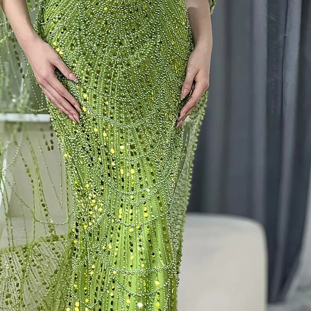 Luxury Dubai Blue Mermaid Cape Sleeve Beaded Evening Gown LA72160A - SERENE HILL